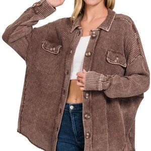 2/$30 Zenana Women’s Brown Waffle Texture Button Down Long Sleeve Shirt